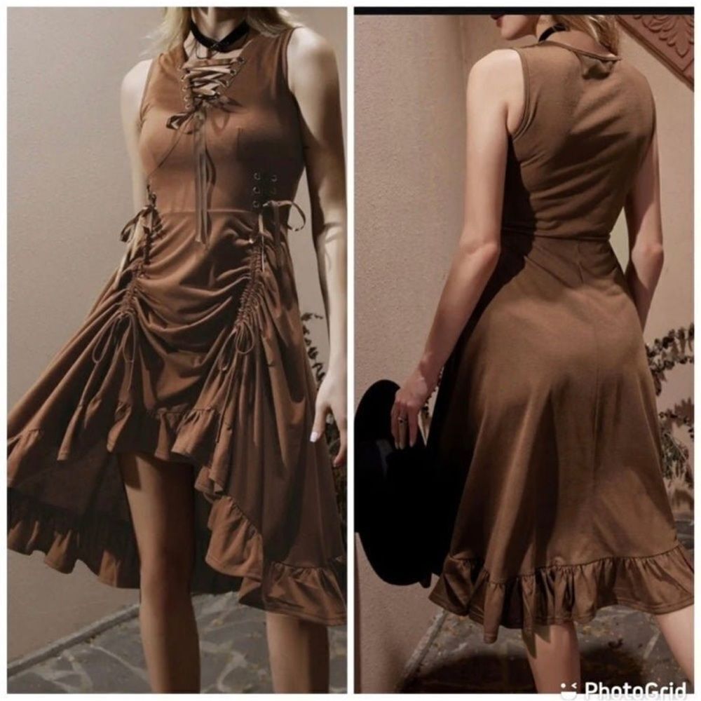 Scarlet Darkness Steampunk Gothic Dress Lace Up Sleeveless Ruffled High low